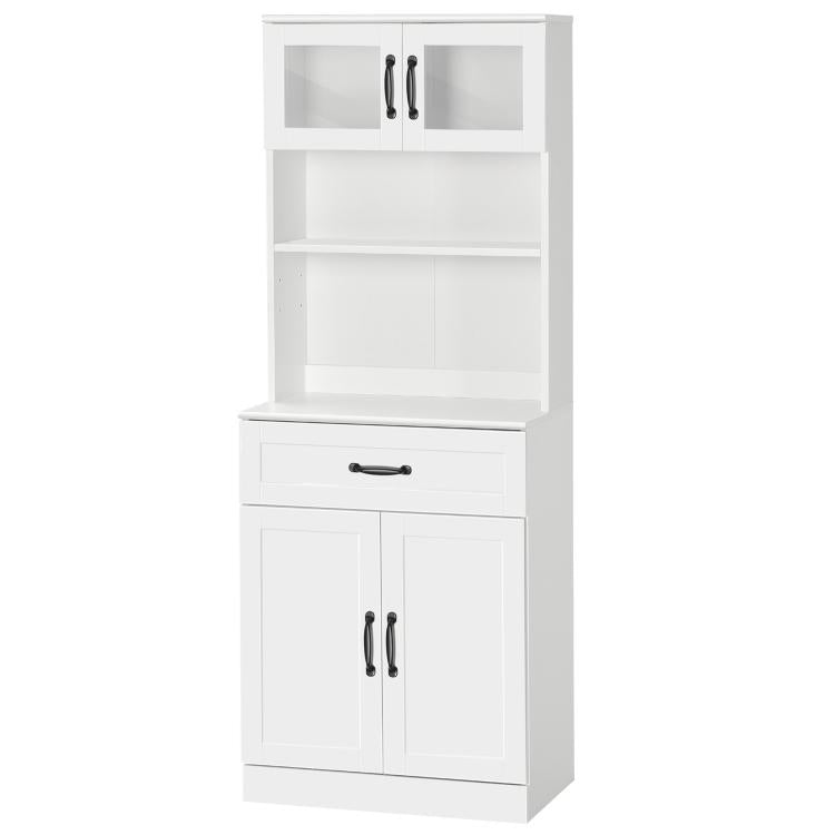 White freestanding buffet cabinet with hutch, top glass doors, drawer, and lower double doors.