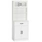 White freestanding pantry cabinet with hutch shelves, drawer, and two lower doors