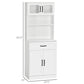 White freestanding pantry cabinet with hutch, top glass doors, center drawer, and double doors.