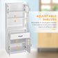 White cabinet interior with adjustable shelves, lower pull-out drawer, and open door panels.