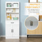 White pantry cabinet with lower double doors and hutch shelves; anti-tip strap detail.