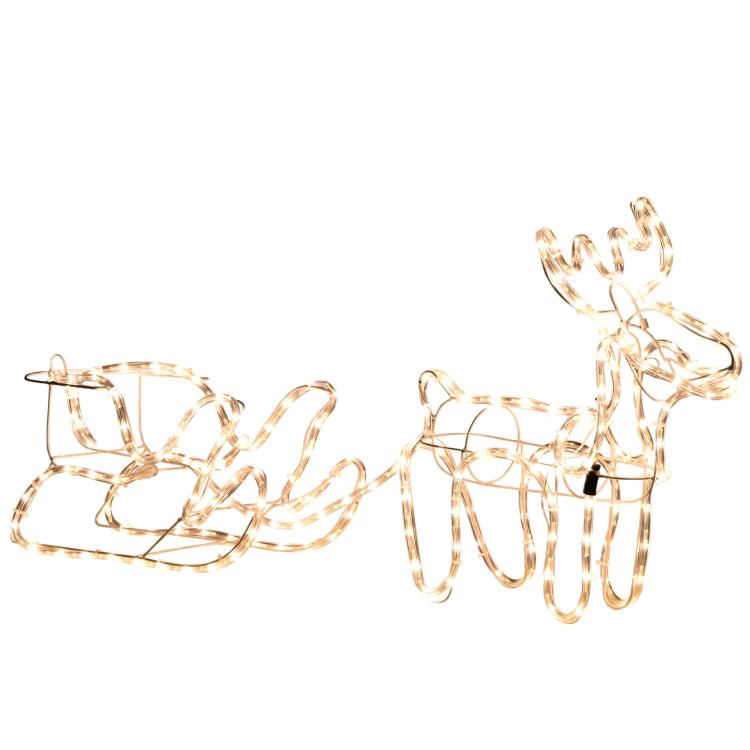Christmas reindeer and sleigh yard decoration with warm white LED wire frame