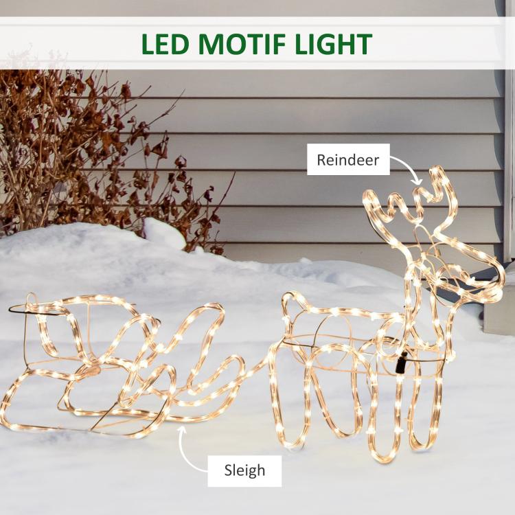 Warm white LED reindeer and sleigh motif on wire frame