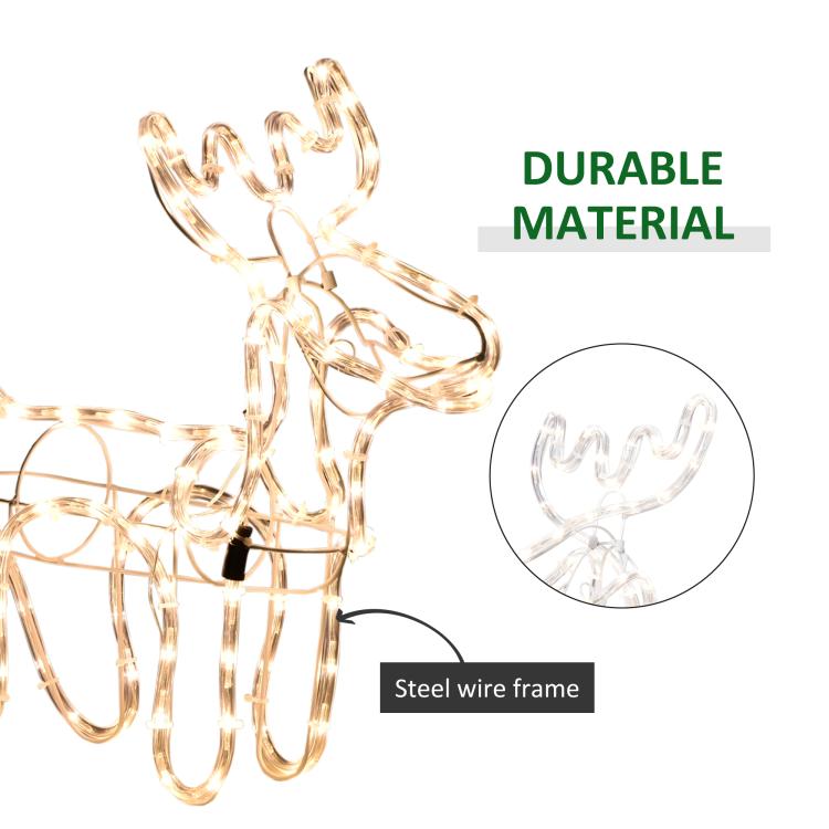 Close-up warm white LED reindeer with steel wire frame and glowing lights