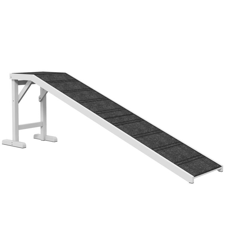 Foldable dog ramp with black carpet non-slip surface, grey frame, white side rails