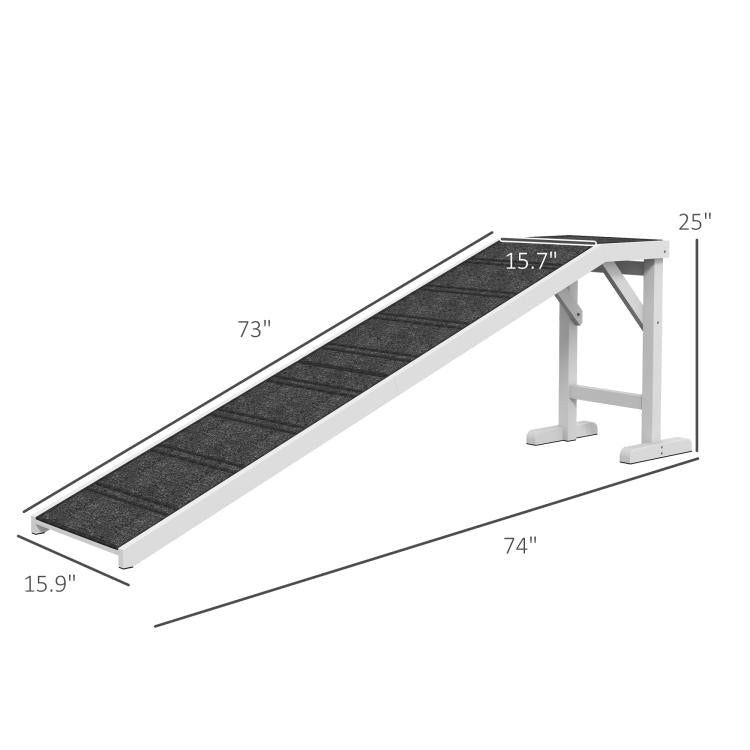 Foldable dog ramp with dark non-slip carpet top and white frame, size diagram view
