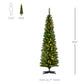 Slim artificial Christmas tree with warm white LED lights and black star-shaped stand.