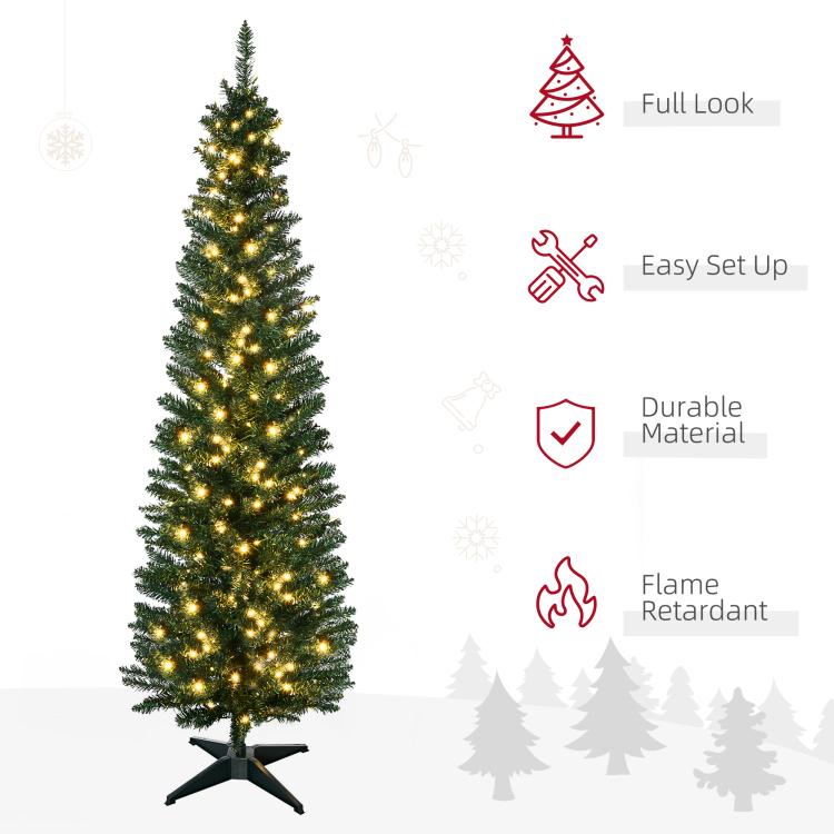 Pre-lit slim artificial Christmas tree with warm white lights and sturdy black star stand.