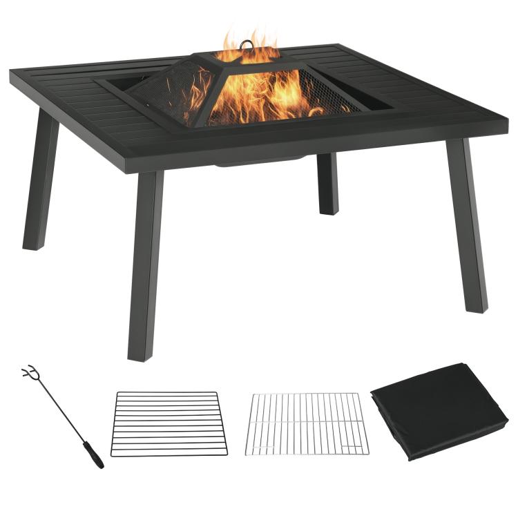 Black metal square fire pit with burning fire and grill grate insert
