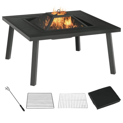 Black metal square fire pit with burning fire and grill grate insert