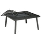 Black metal fire pit with raised spark screen cover and grilling grate