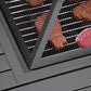 Black metal spark screen over fire pit grill with diamond mesh