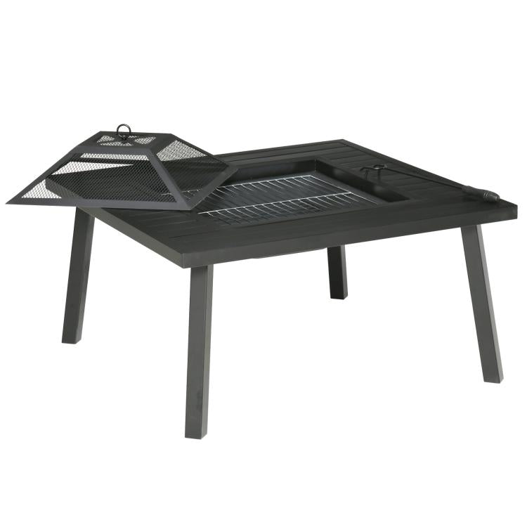 34-inch black metal outdoor fire pit with grill grate and spark screen