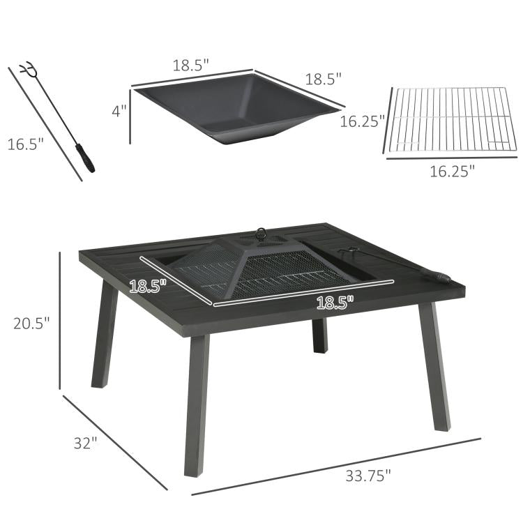 Black metal fire pit with grill rack, spark screen, and included poker