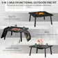 Black outdoor fire pit with spark screen and flames, grill grate insert