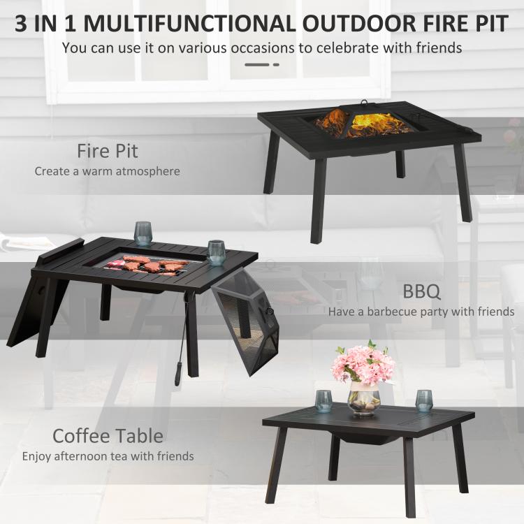 Black outdoor fire pit with spark screen and flames, grill grate insert