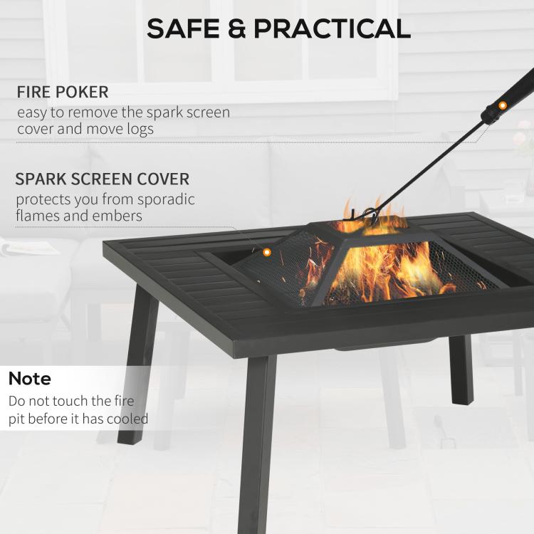 Black fire pit with spark screen cover and fire poker tool