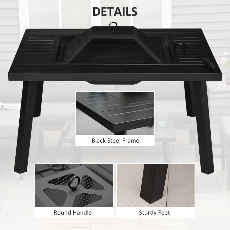 Black fire pit grill with round handle, perforated spark screen area, sturdy legs