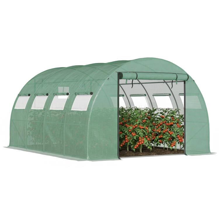 Green tunnel greenhouse with two zippered mesh doors and mesh side windows, plant inside