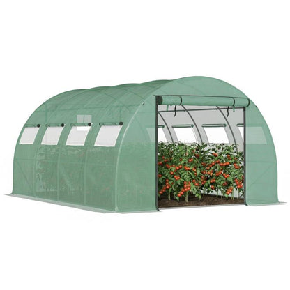 Green tunnel greenhouse with two zippered mesh doors and mesh side windows, plant inside