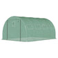 Green tunnel greenhouse with mesh panels and arched frame, side view
