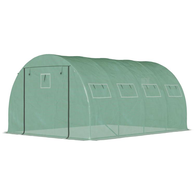 Green tunnel greenhouse with mesh panels and arched frame, side view