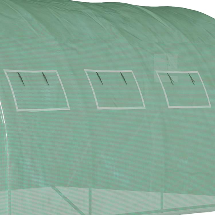 Green tunnel greenhouse cover with mesh windows and stitched seams