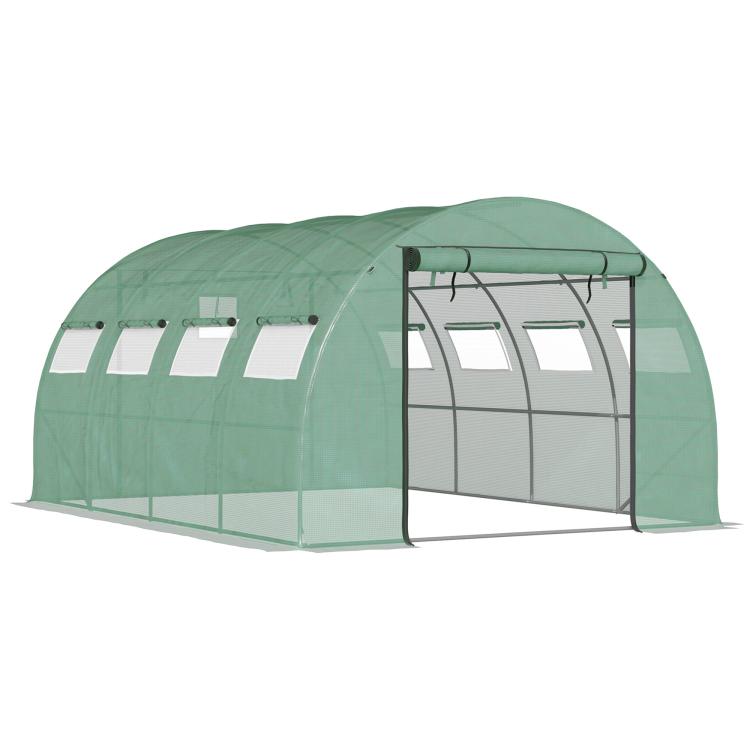 Green walk-in tunnel greenhouse with zippered mesh door panels and arched frame