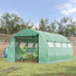 Green tunnel greenhouse with zippered mesh door, plant pots visible inside