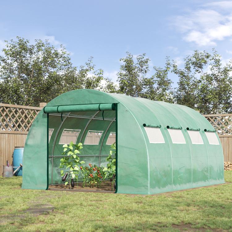 Green tunnel greenhouse with zippered mesh door, plant pots visible inside