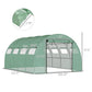 Green tunnel greenhouse with zippered mesh door and mesh windows, shown with dimensions