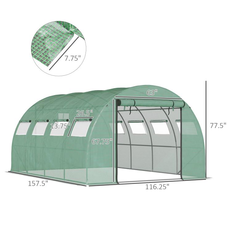 Green tunnel greenhouse with zippered mesh door and mesh windows, shown with dimensions