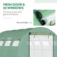 Green tunnel greenhouse entrance with roll-up mesh door and mesh window panels