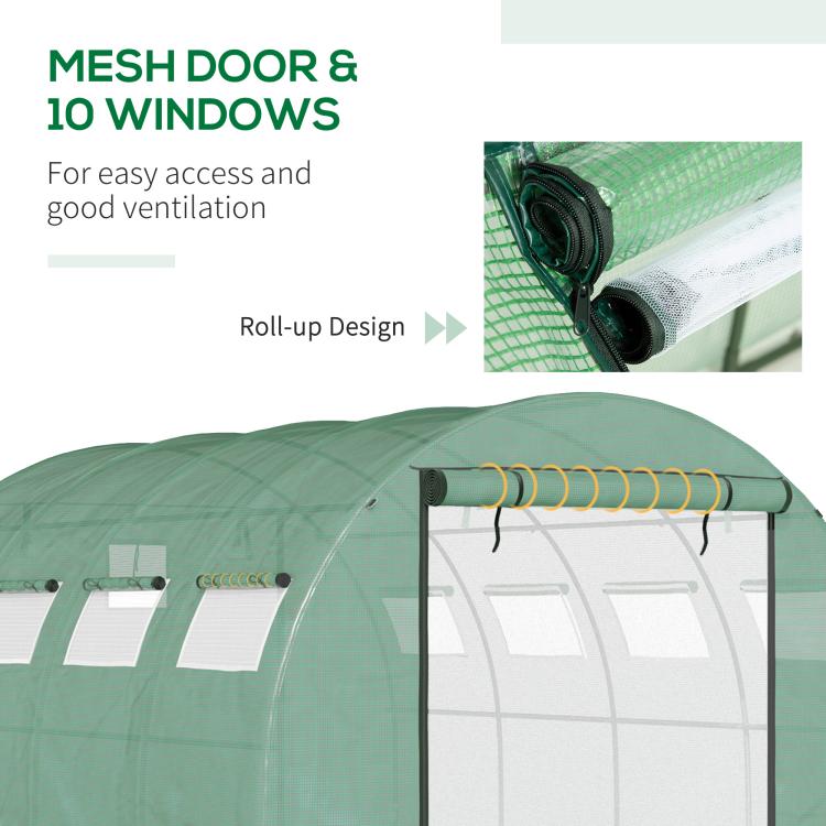 Green tunnel greenhouse entrance with roll-up mesh door and mesh window panels
