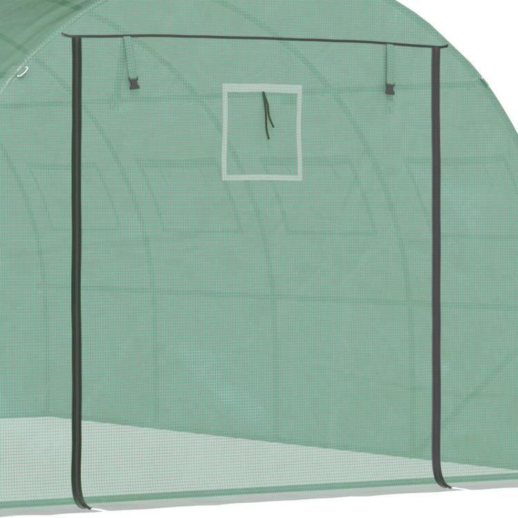 Green tunnel greenhouse front mesh panel with black support frame bars