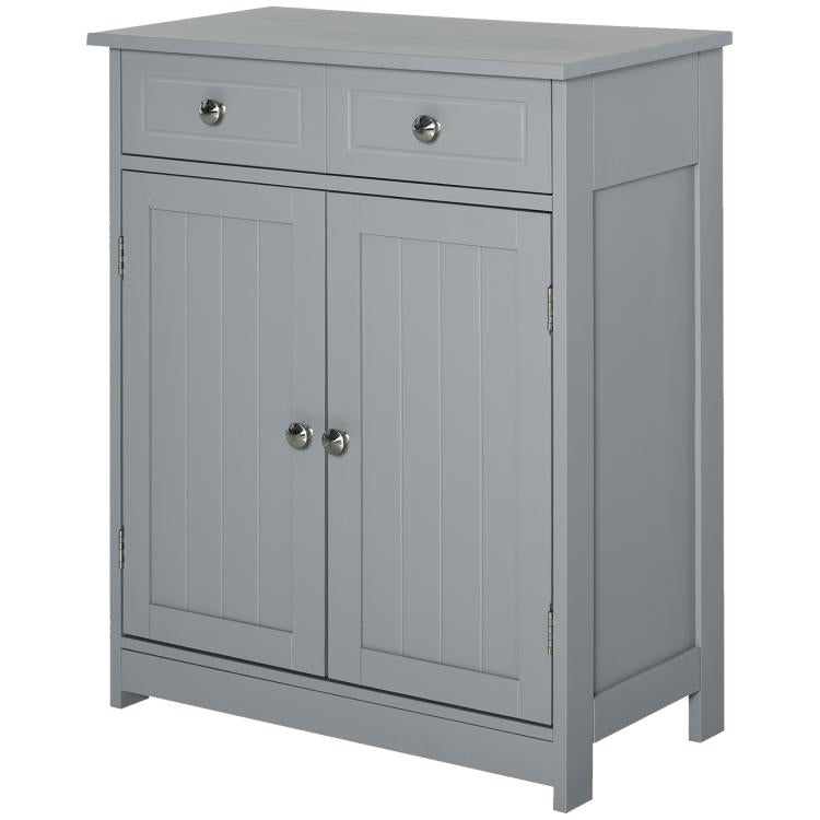 Gray bathroom cabinet with two doors, two drawers, and metal knob handles