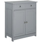 Gray freestanding bathroom floor cabinet with two drawers and two paneled doors