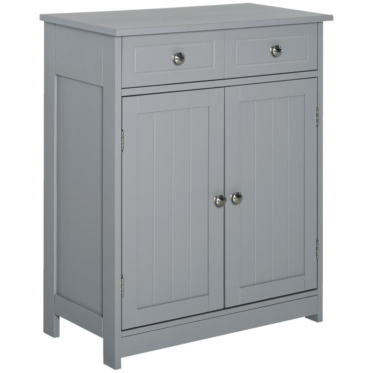Gray freestanding bathroom floor cabinet with two drawers and two paneled doors