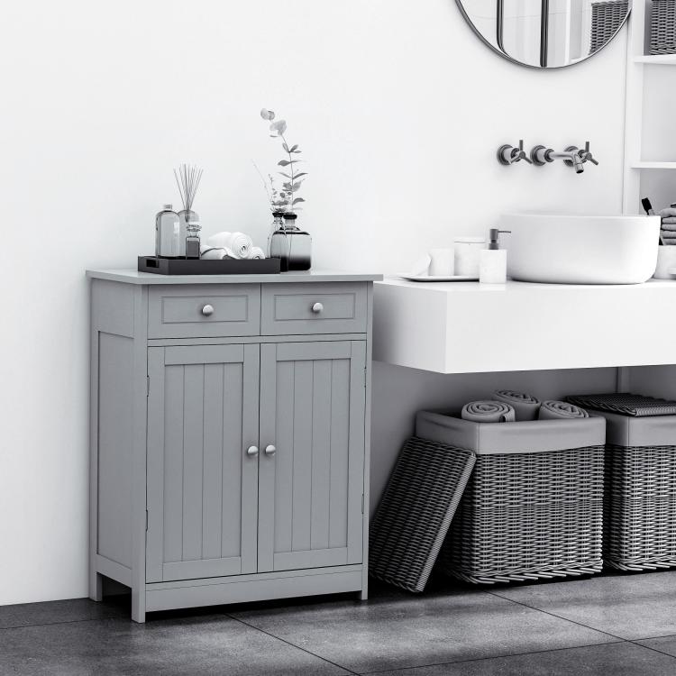Gray bathroom cabinet with two doors and two drawers