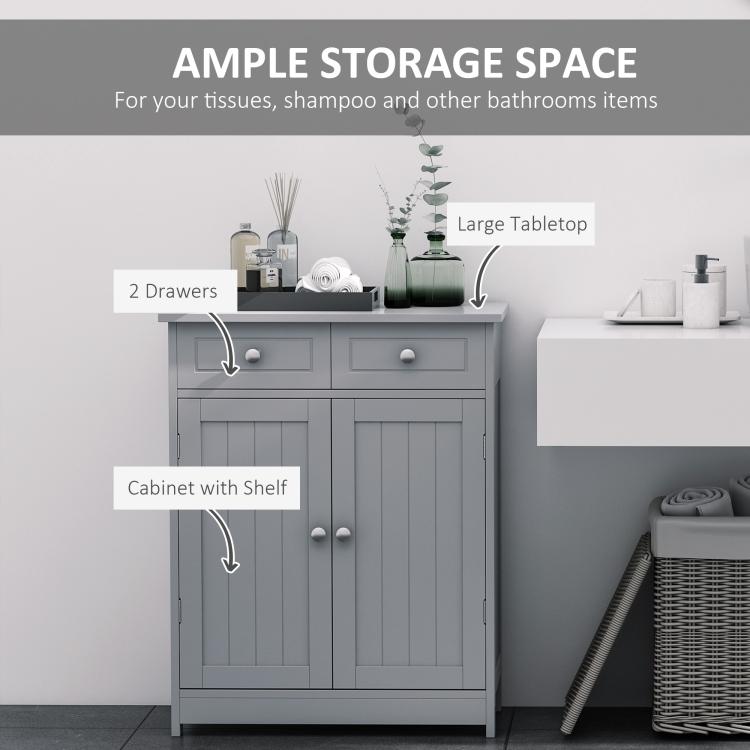 Gray bathroom cabinet with adjustable shelf behind two doors and two drawers