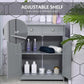 Gray bathroom cabinet with doors open, showing an adjustable interior shelf
