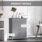 Gray bathroom floor cabinet with painted finish and metal knobs on doors and drawers