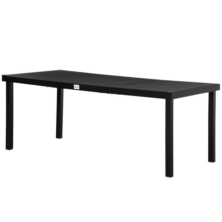 Rectangular outdoor dining table with black frame and dark slatted tabletop