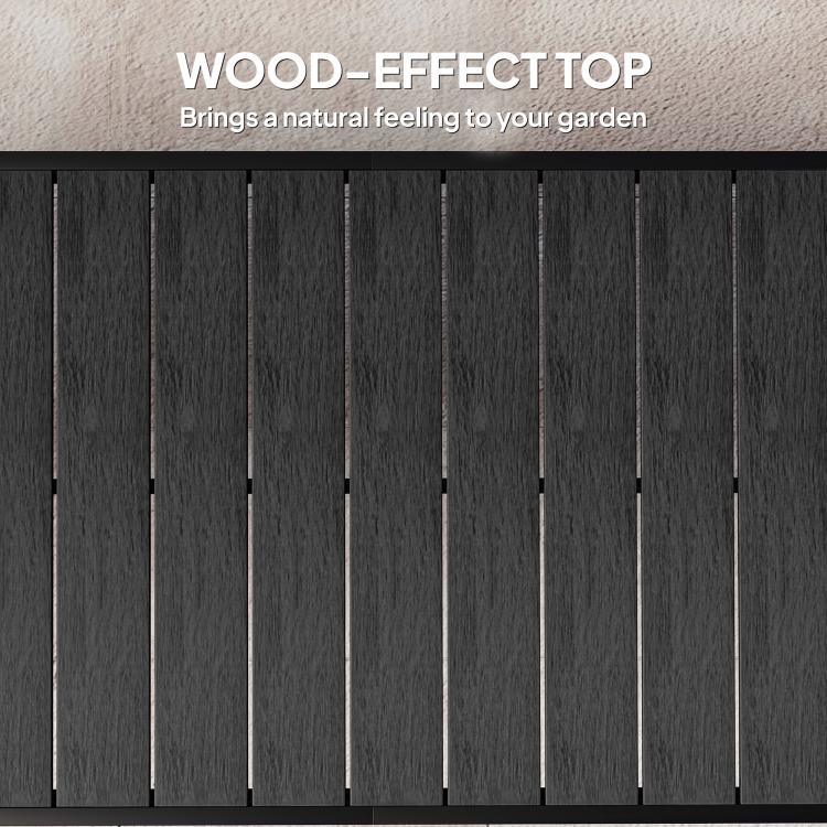Wood-effect slatted tabletop in dark gray-black finish with parallel grooves