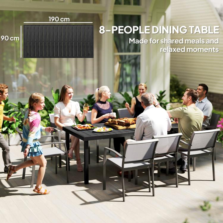 Outdoor dining table with black slatted top for 8 people