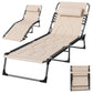 Beige outdoor folding reclining chaise lounge chair with headrest, black steel frame
