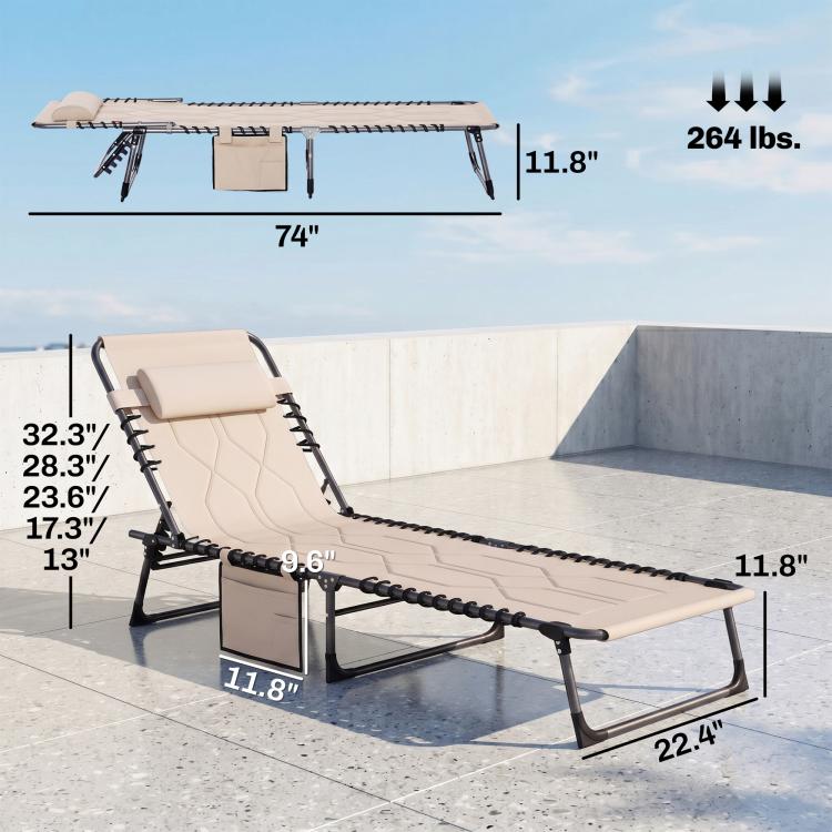 Beige folding chaise lounge chair with headrest and black metal frame, size markers shown