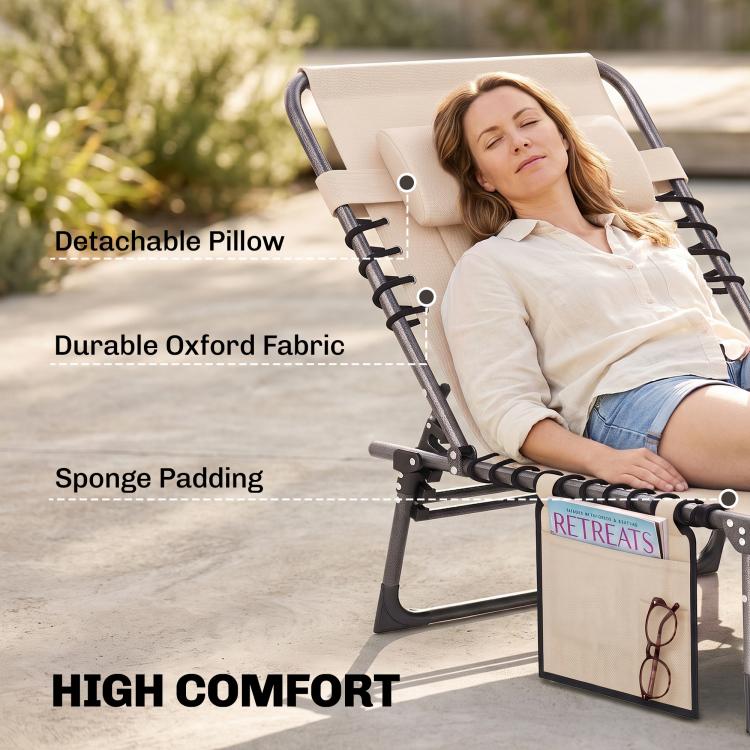Beige padded folding chaise lounge chair with headrest and detachable pillow, reclining
