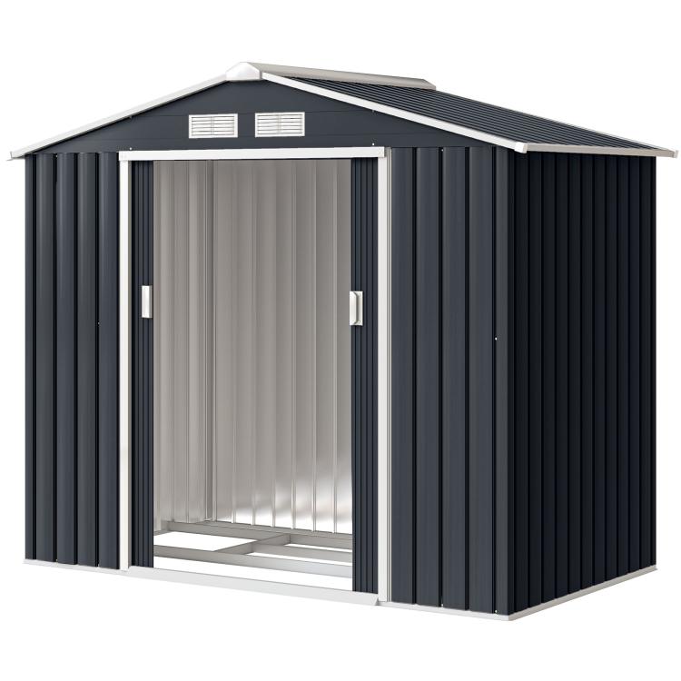 Dark gray metal storage shed with open sliding double doors and side panels
