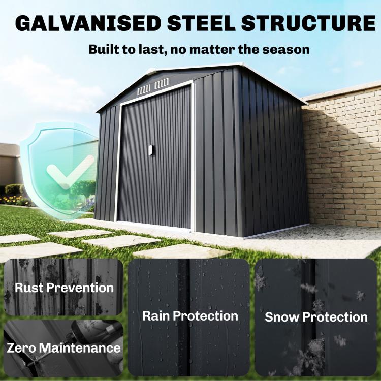Dark gray galvanized steel storage shed with weather-protection design panels